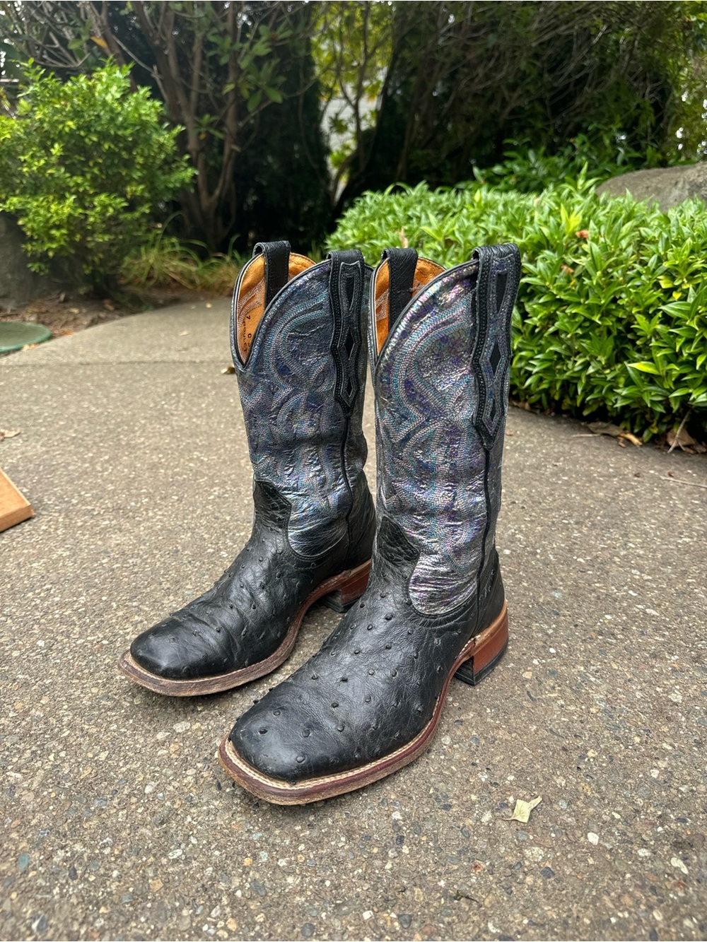 Women’s 7 Black Ostrich Leather Boulet Western Boots - Iridescent